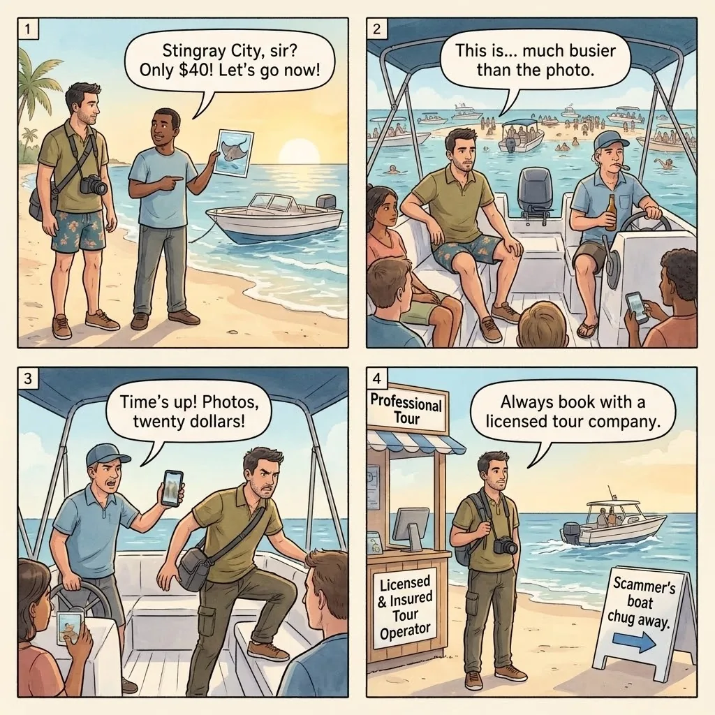 The Seven Mile Beach $40 Stingray-Boat Hustle — comic illustration