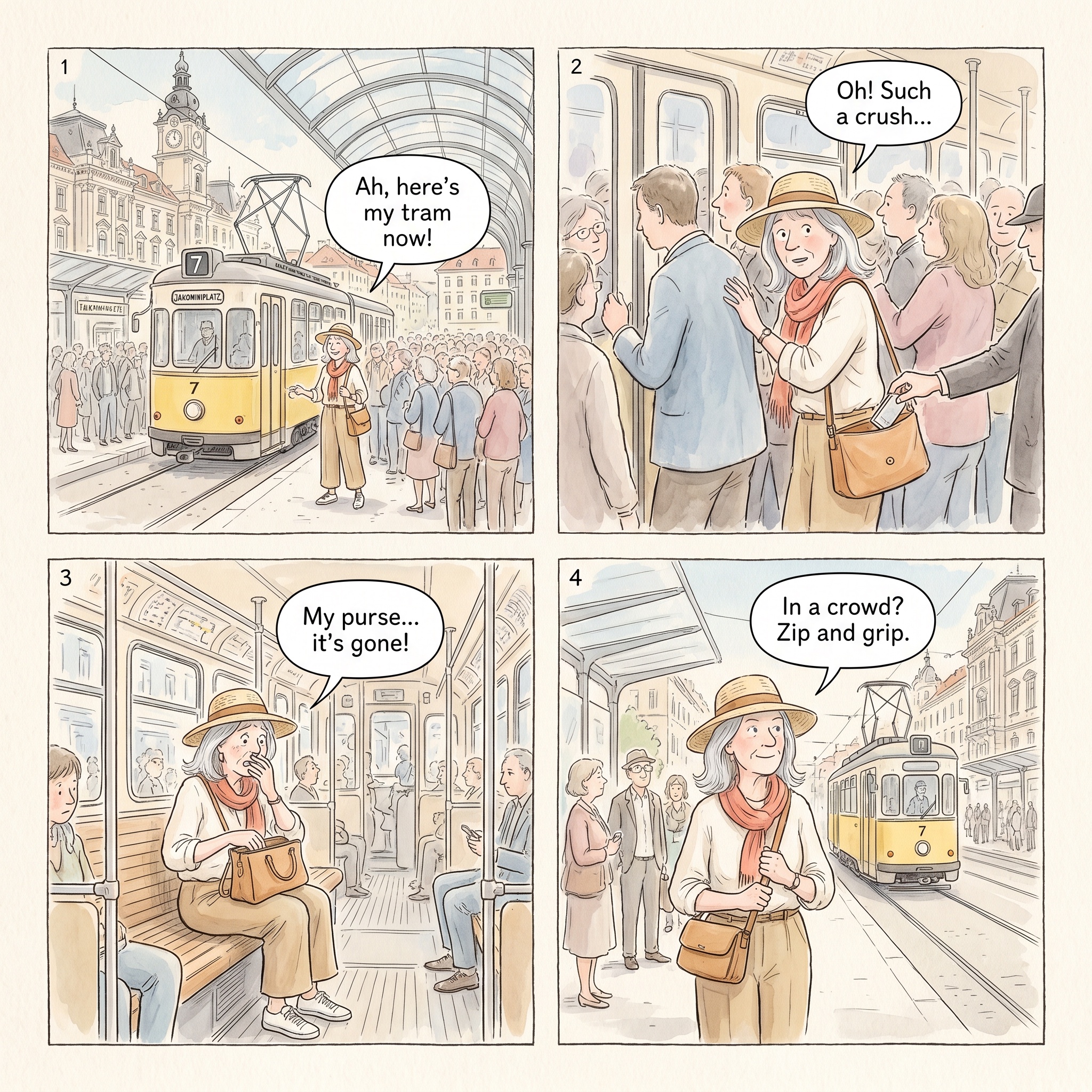 Jakominiplatz Tram-Crush Pickpocketing — comic illustration