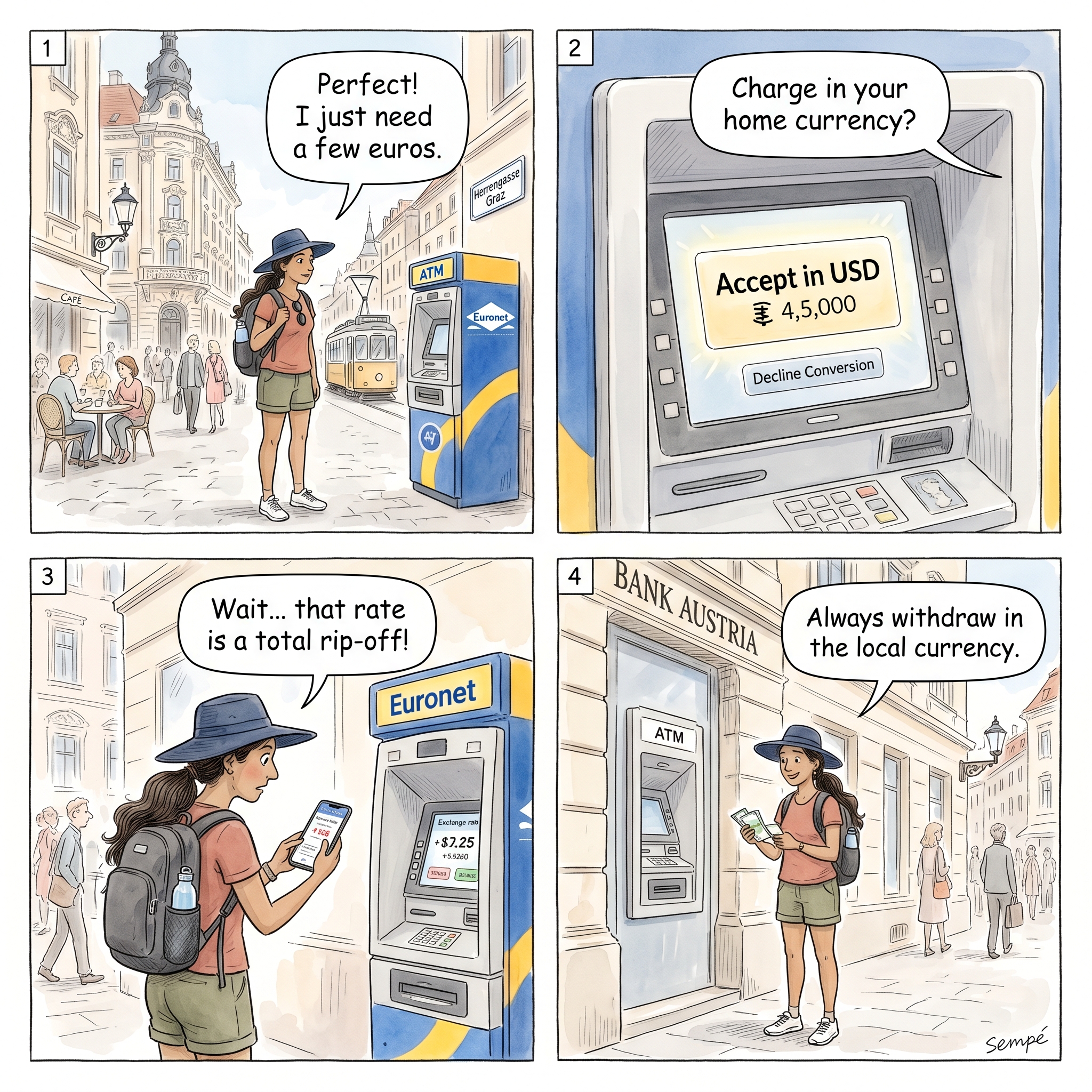 Euronet ATM Dynamic Currency Conversion Trap — comic illustration