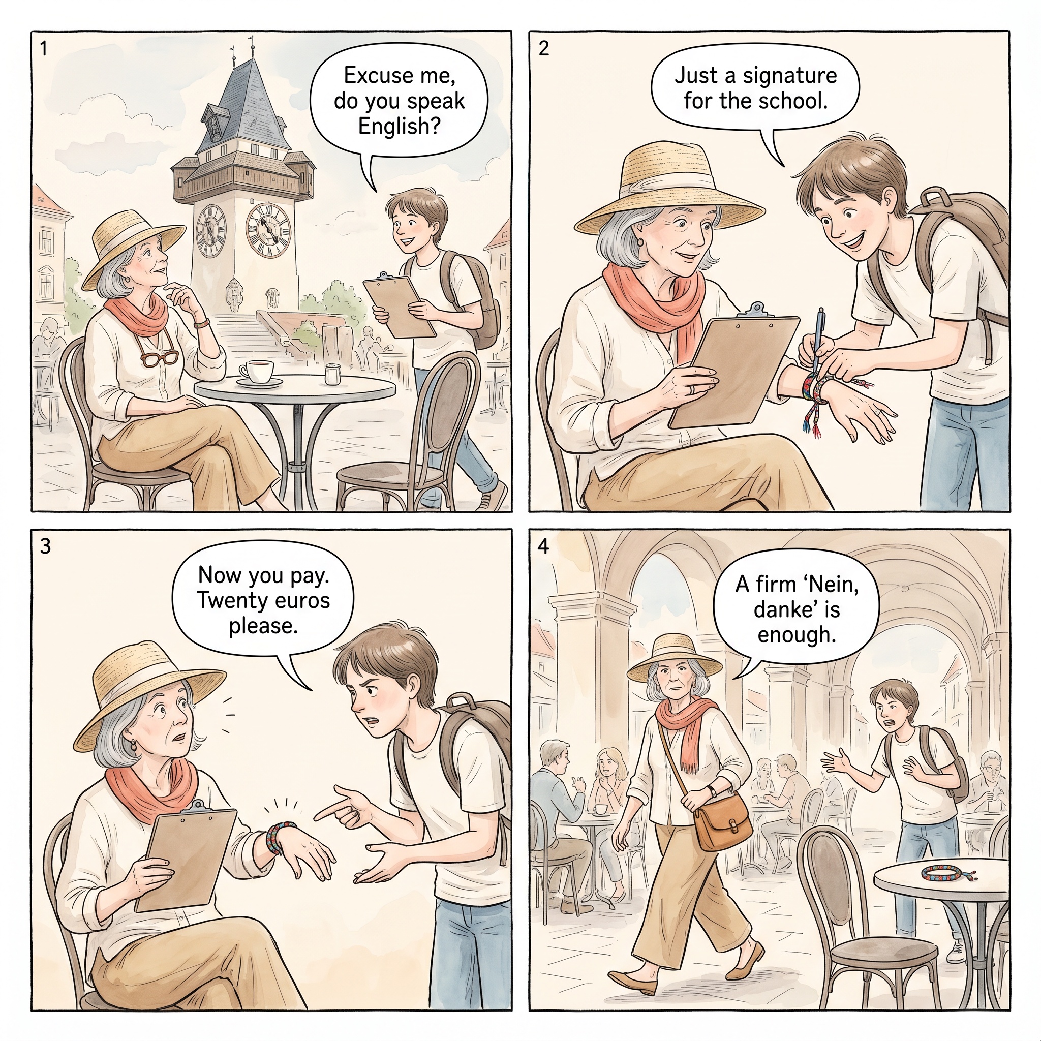 Herrengasse Clipboard And Bracelet Distraction — comic illustration