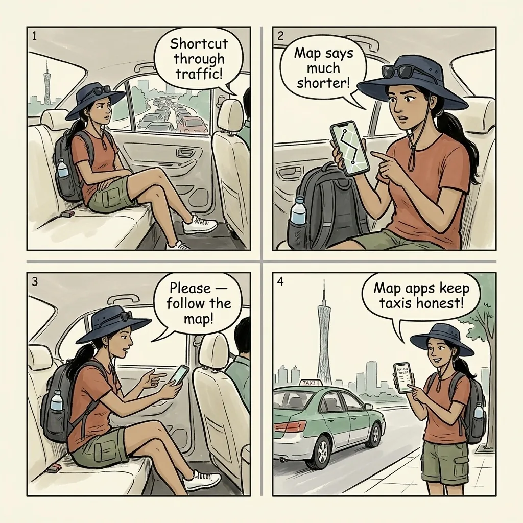 Guangzhou Taxi Overcharge & Meter Tampering — comic illustration