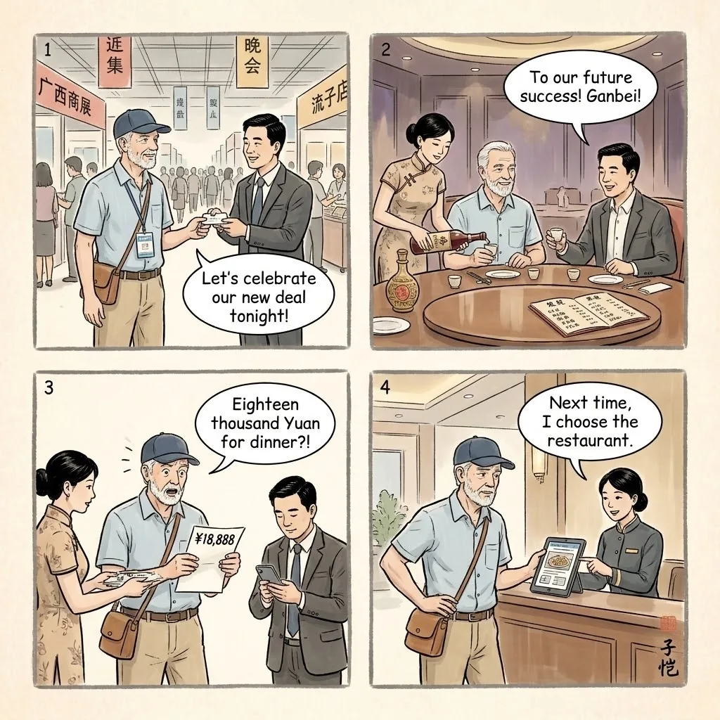 Canton Fair & Trade Expo Hostess-Bar / Contract-Dinner Scams — comic illustration