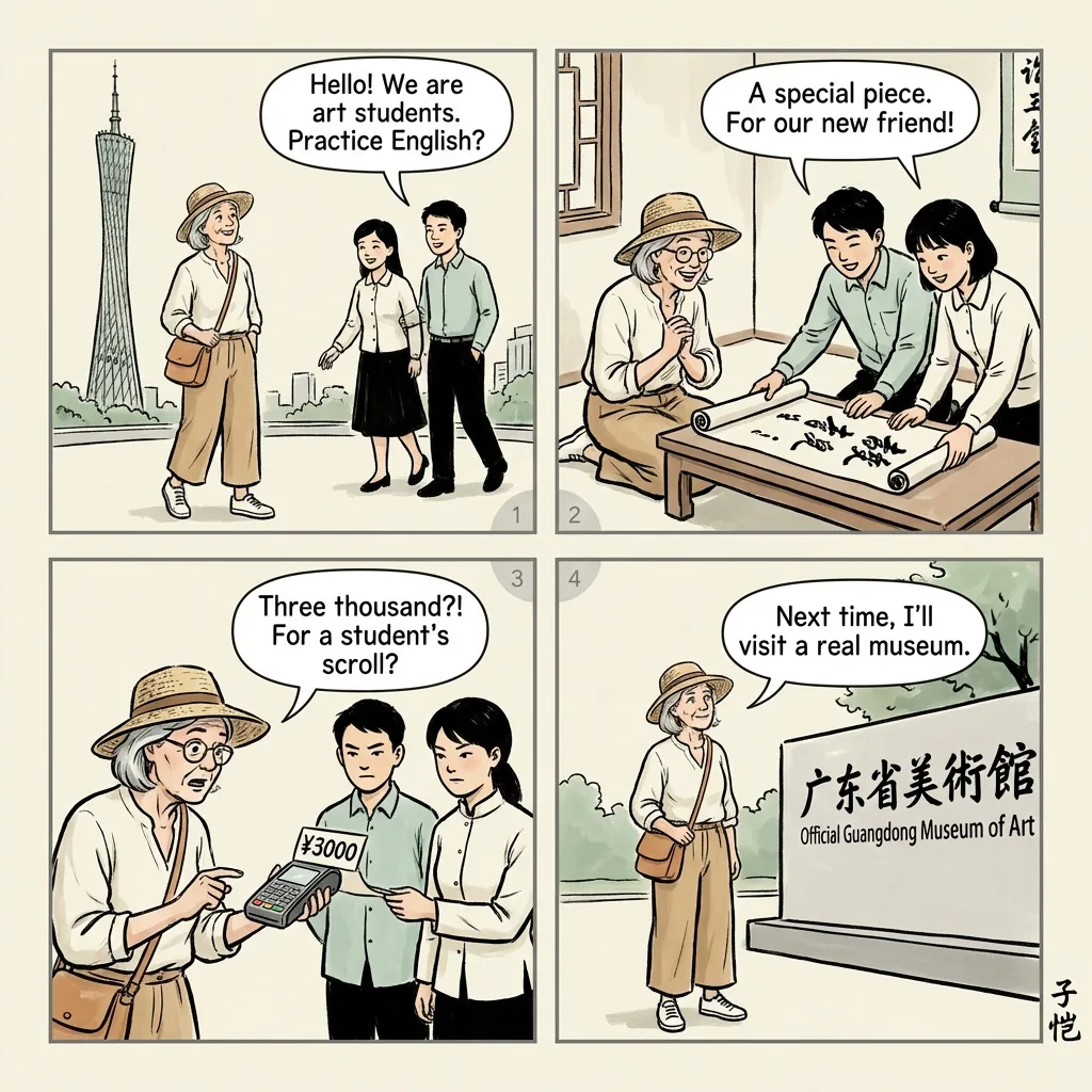 Huacheng Plaza Tea House & Art Student Scam — comic illustration