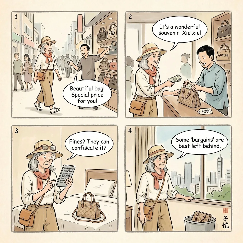 Beijing Road & Shangxiajiu Fake-Goods Shopping — comic illustration