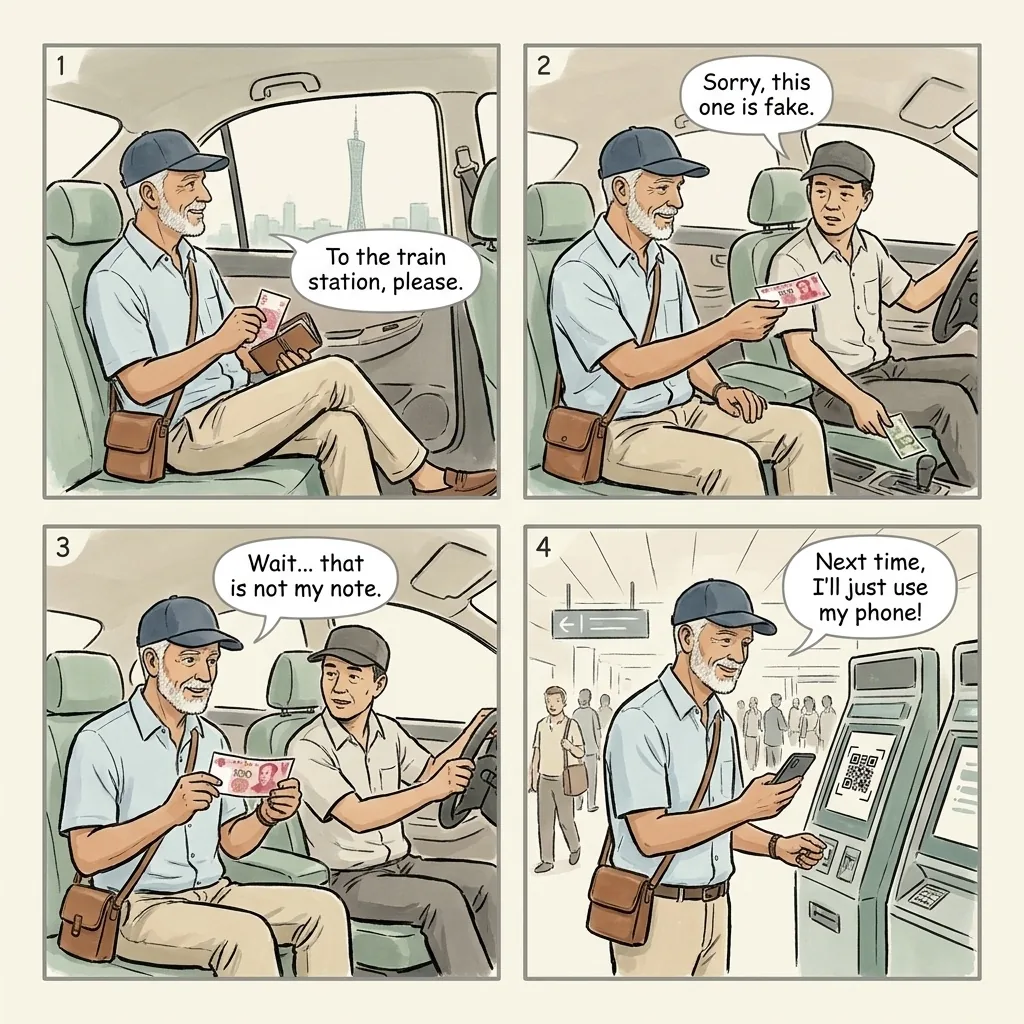 Taxi & Vendor ¥100 Note Swap — comic illustration