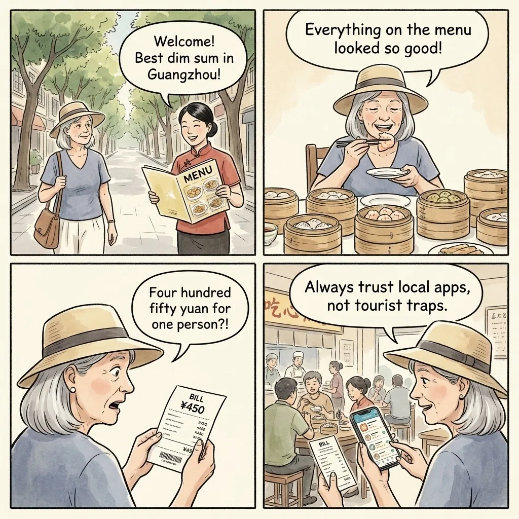 Dim Sum Tourist Restaurants & Shamian Island Menu Overcharge — comic illustration