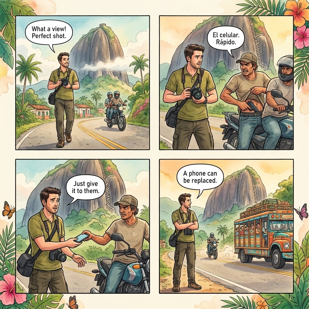 El Peñol–Guatapé Highway Motorcycle Stickup — comic illustration