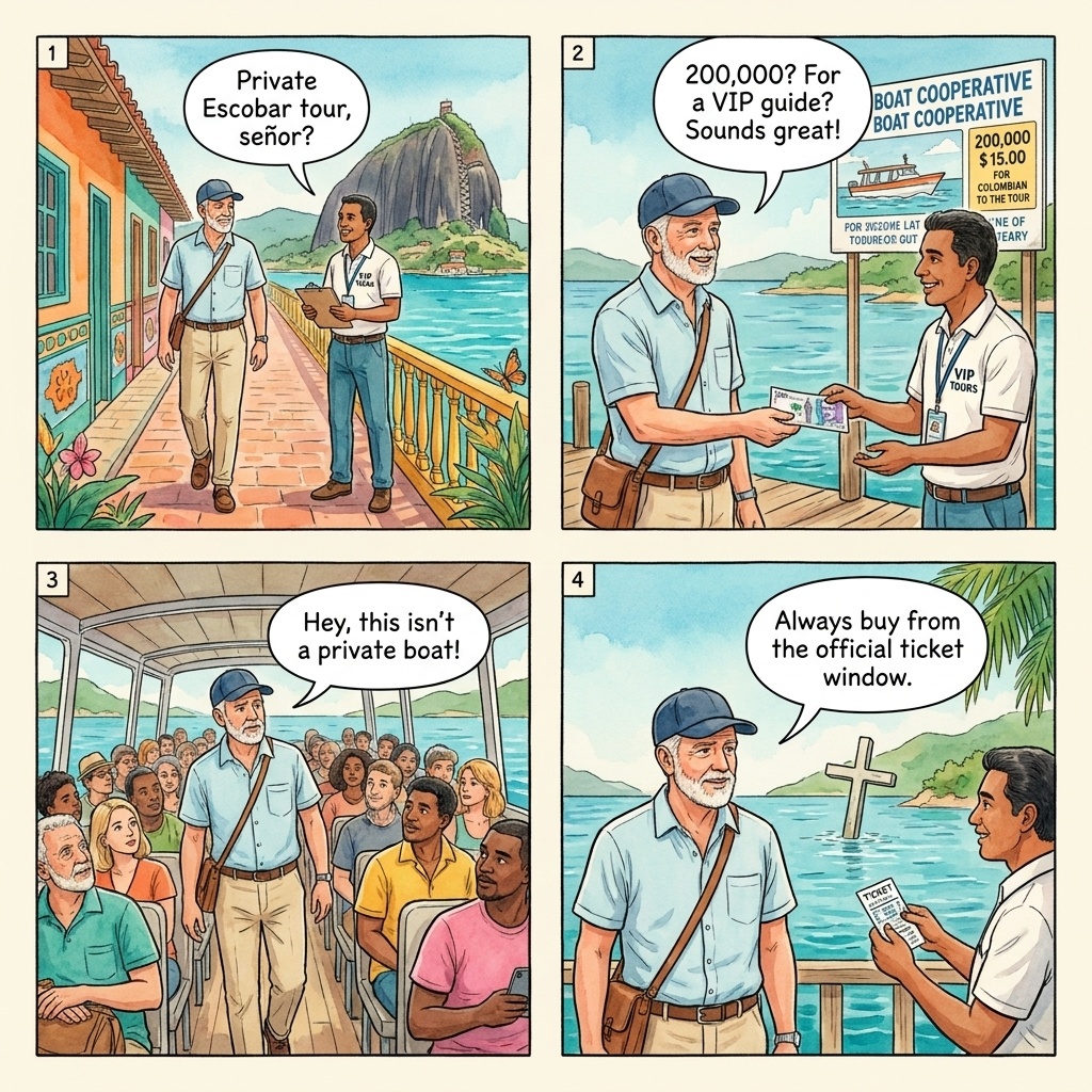Guatapé Malecón Reservoir Boat-Tour Overcharge — comic illustration