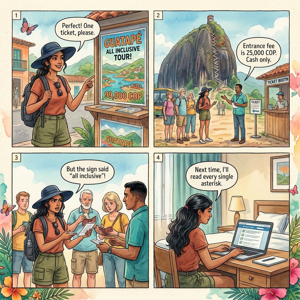 Medellín Day-Tour Hidden-Cost Bait-and-Switch — comic illustration