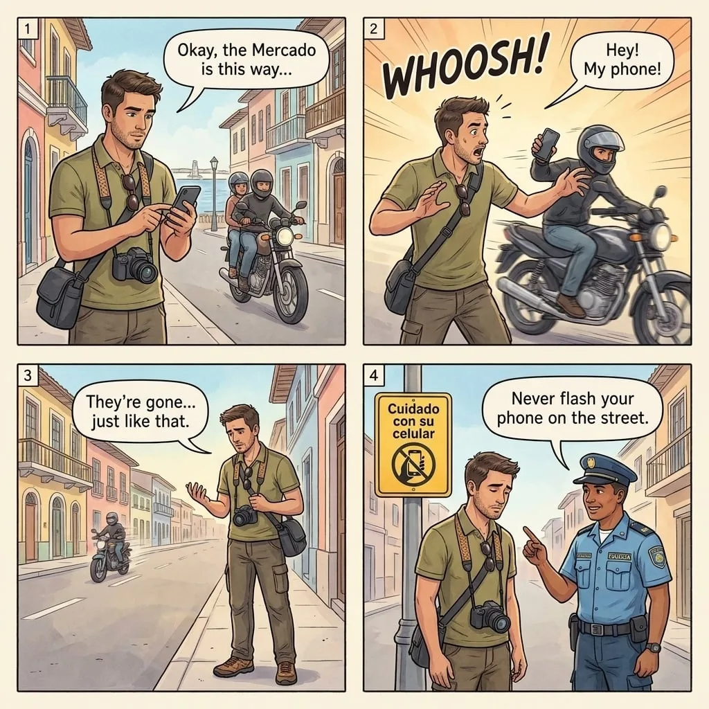 Phone Snatch from Motorcycle — comic illustration