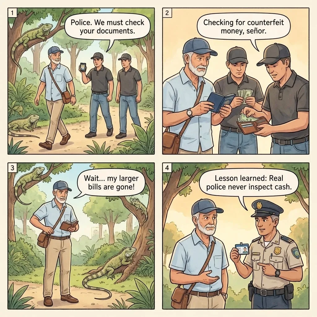 Fake Police Document Check — comic illustration