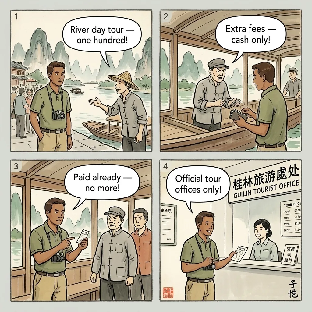 Li River Cruise Fake-Ticket & 'Upgrade' Scams — comic illustration