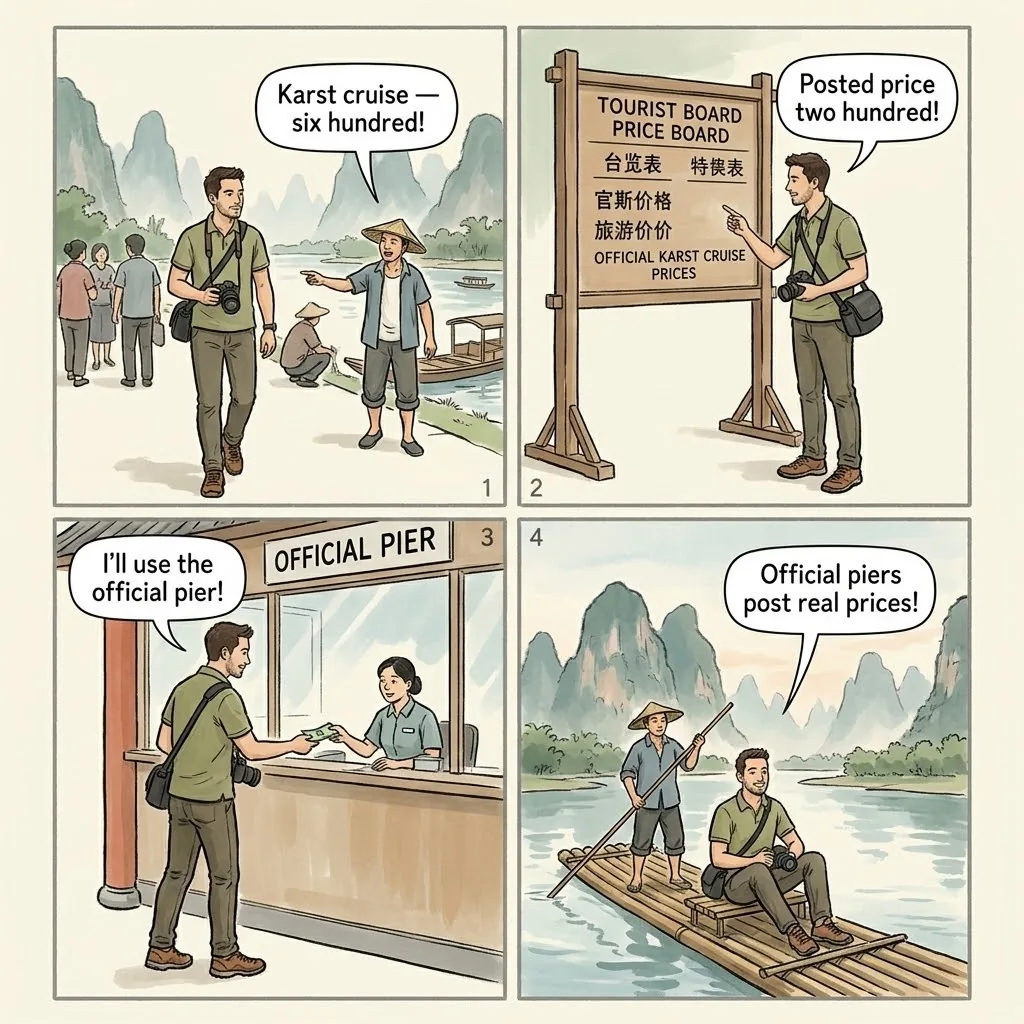 Yangshuo Bamboo Raft & Photo-Trap Scams — comic illustration