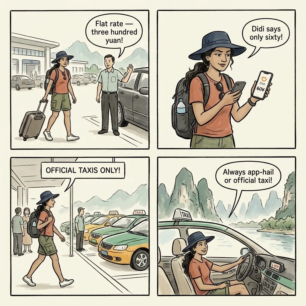 Guilin Airport & Railway Station Taxi Overcharge — comic illustration