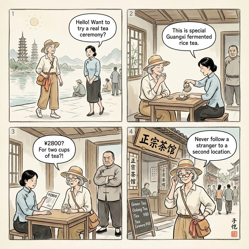 Guilin Tea House & Guiyang Fermented Rice Wine Scams — comic illustration