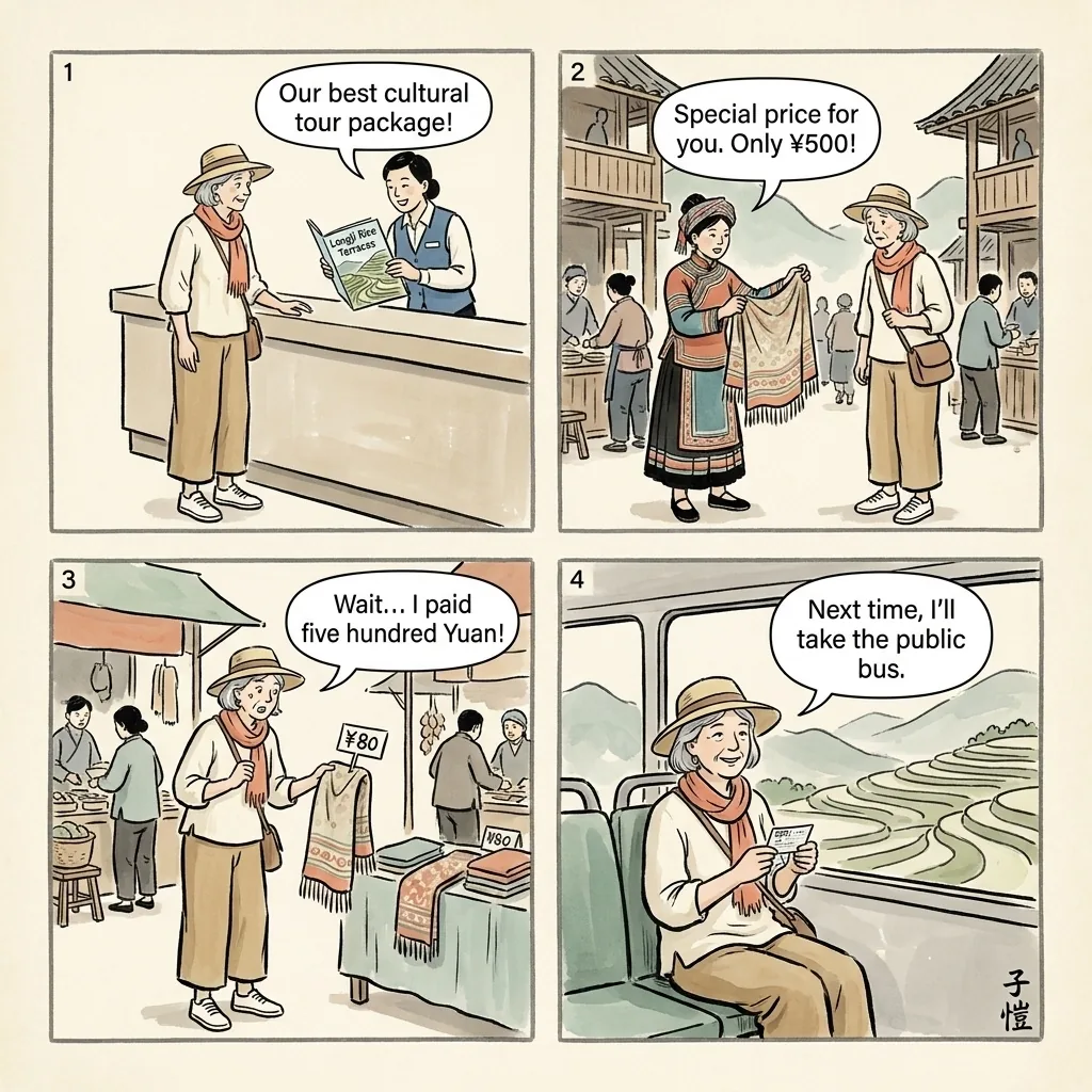 Longji Rice Terraces Minority Village Tour Overcharge — comic illustration
