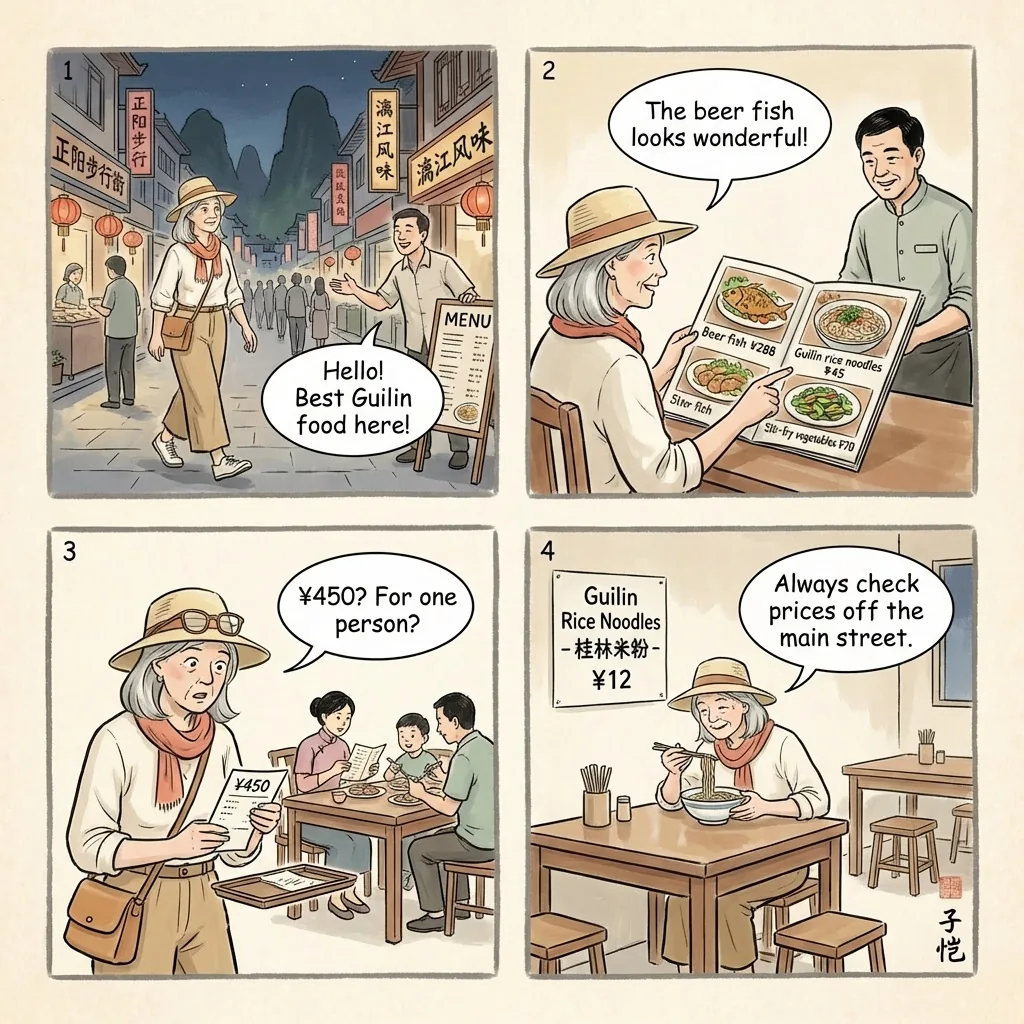 Guilin Night Market & Tourist-Menu Restaurant Overcharge — comic illustration