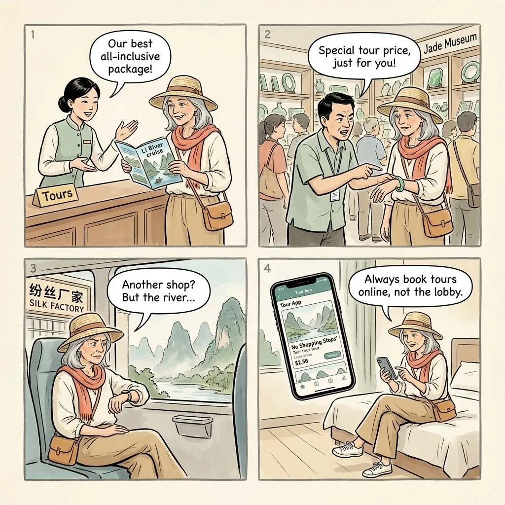 Guilin Hotel Tour-Desk Commission & 'All-Inclusive' Upsells — comic illustration
