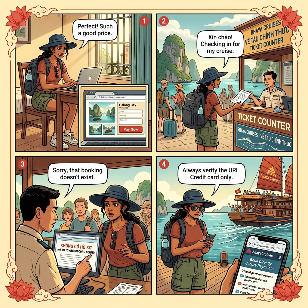 Fake Ha Long Bay Cruise Booking Websites & Ghost Itineraries — comic illustration