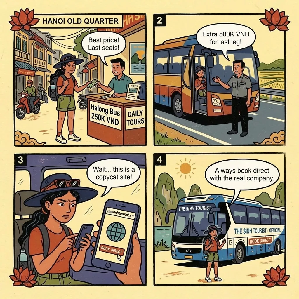 Hanoi-to-Ha Long Shuttle Bus & Private Transfer Overcharge — comic illustration