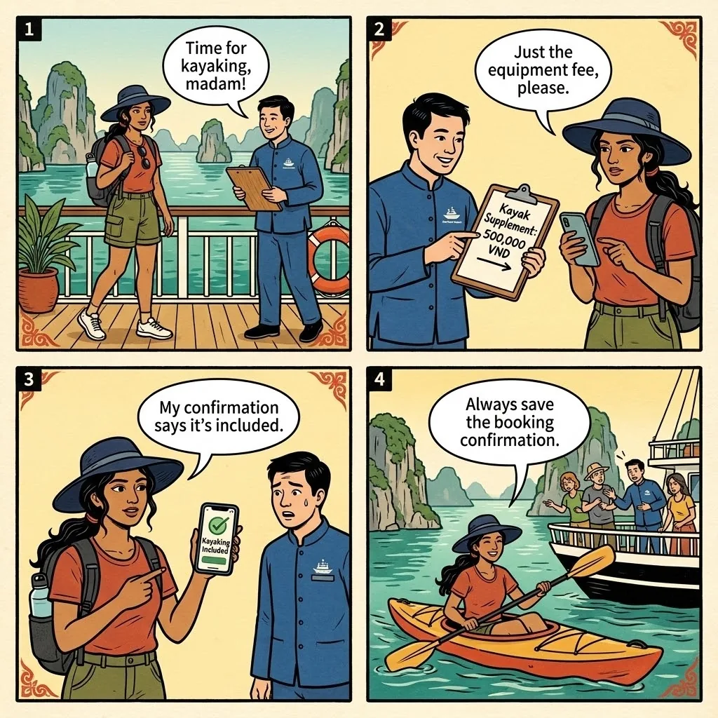 Onboard Ha Long Cruise Upcharges & 'Mandatory' Activity Fees — comic illustration