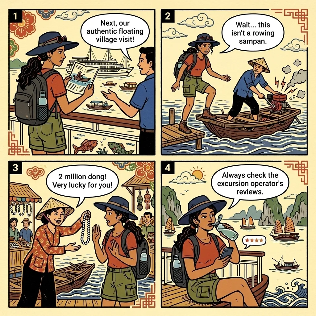 Fake 'Floating Village' Tour & Diesel-Sampan Swap — comic illustration