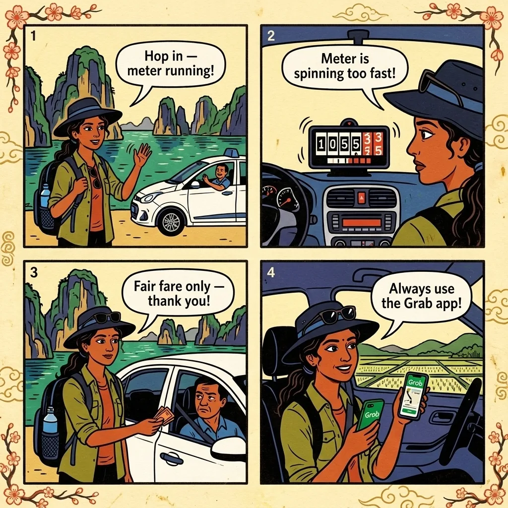 Ha Long City / Tuan Chau Pier Street Taxi Overcharge — comic illustration