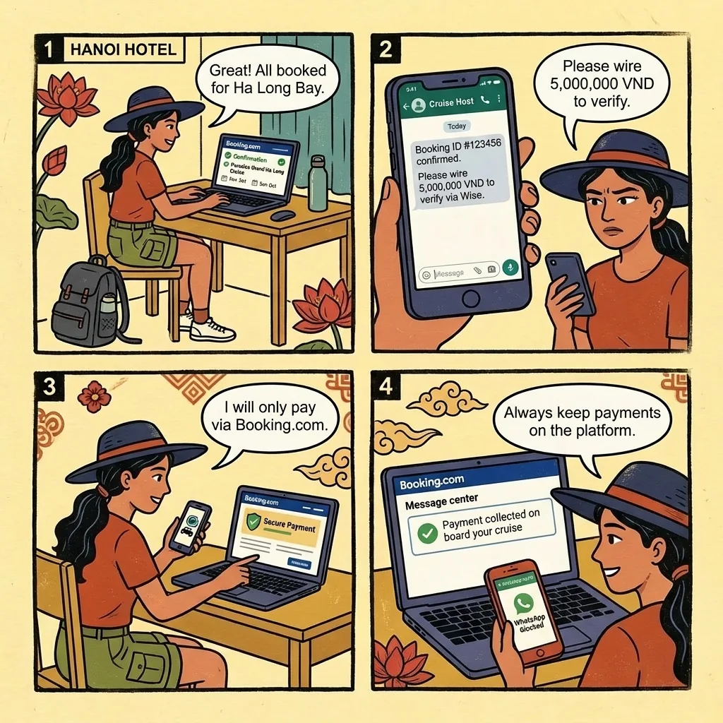 Booking.com / Agoda Off-Platform Payment Fraud for Ha Long Cruises — comic illustration