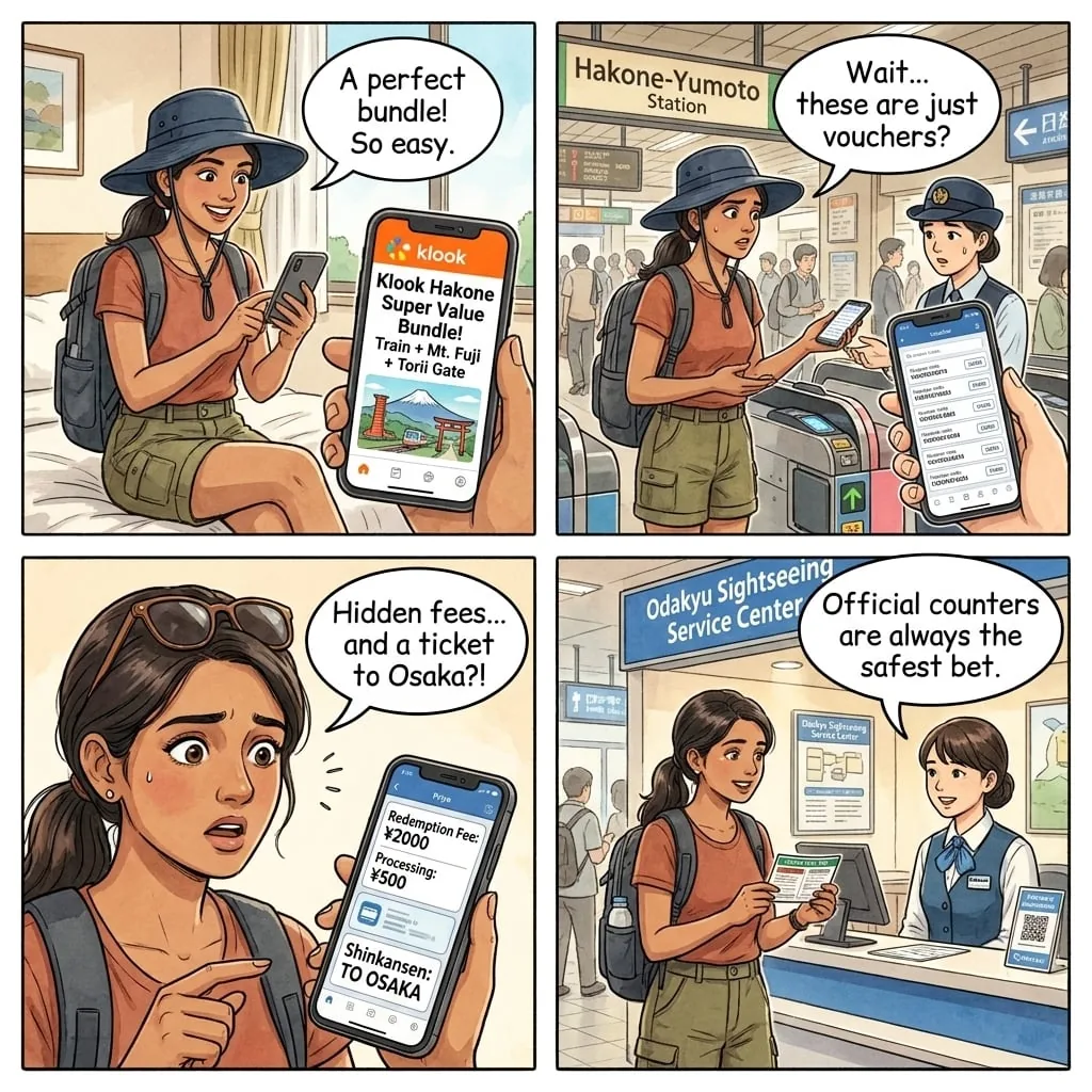Klook Hakone Pass Voucher Bundle Trap — comic illustration