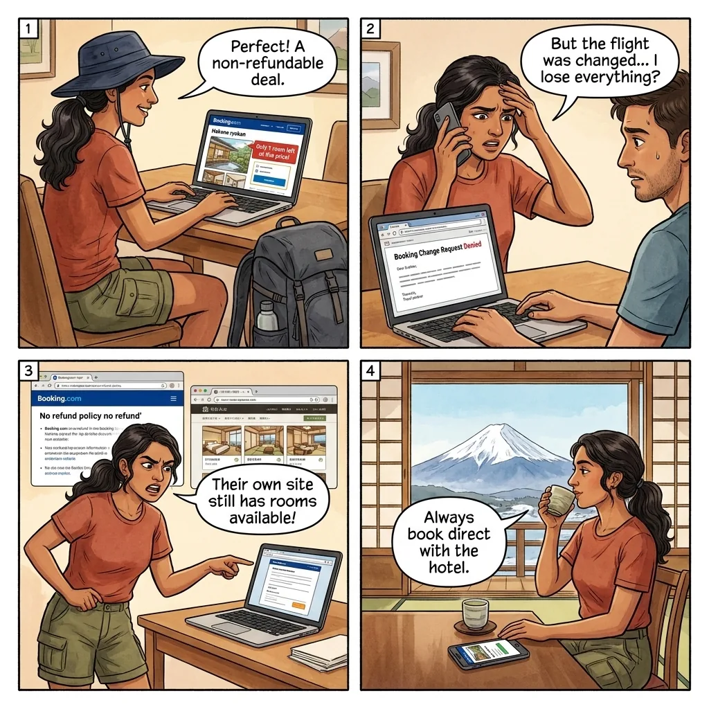 Booking.com Ryokan Deposit Forfeit Trap — comic illustration