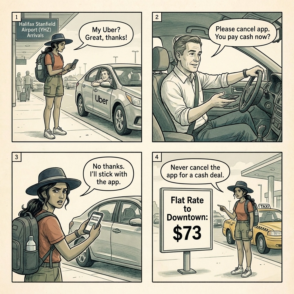 YHZ Halifax Stanfield Airport Taxi & Uber Cancel-And-Cash Scam — comic illustration