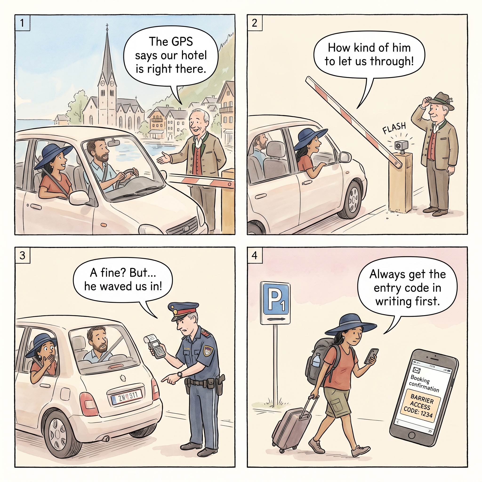 Driving Past The Village Barriers Fine — comic illustration