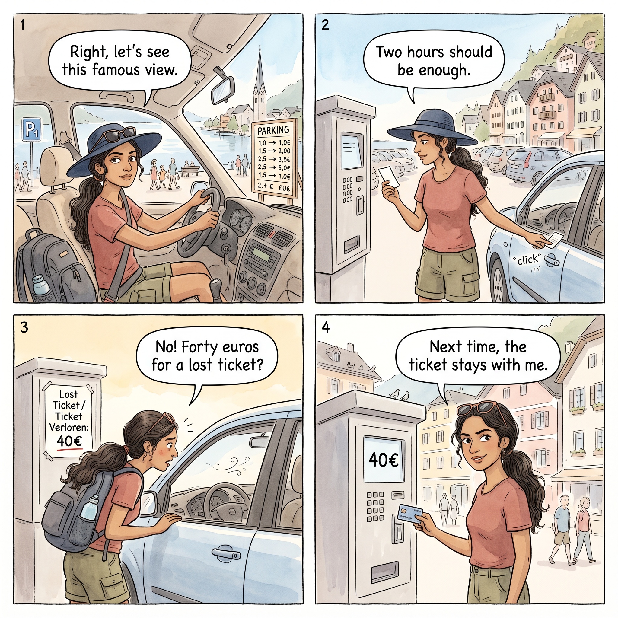 Parking Lot Overstay And Lost Ticket Sting — comic illustration