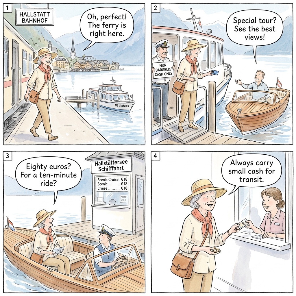 Cash Only Ferry And Private Boat Upsell — comic illustration