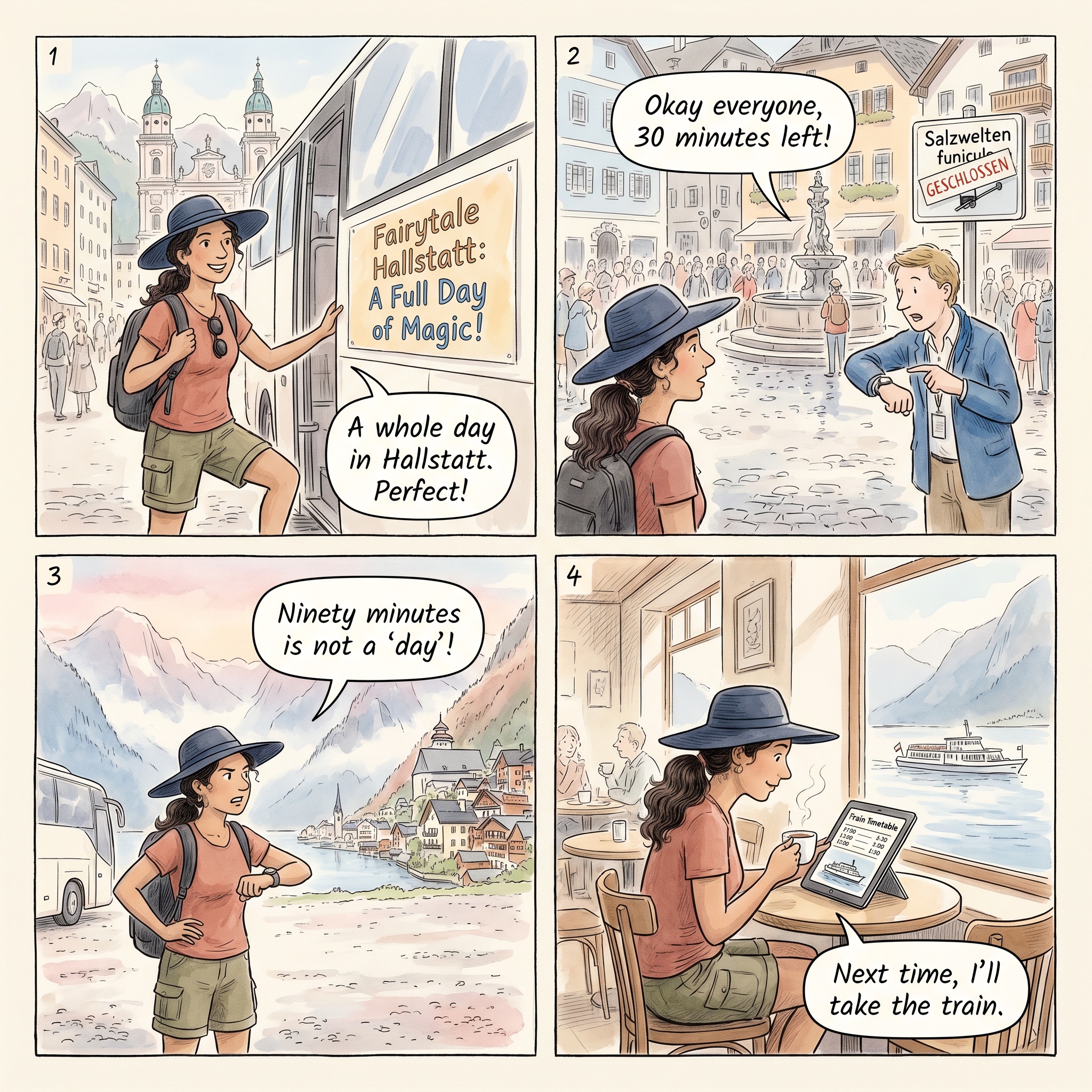 Day Trip Coach Tour Overselling Hallstatt — comic illustration