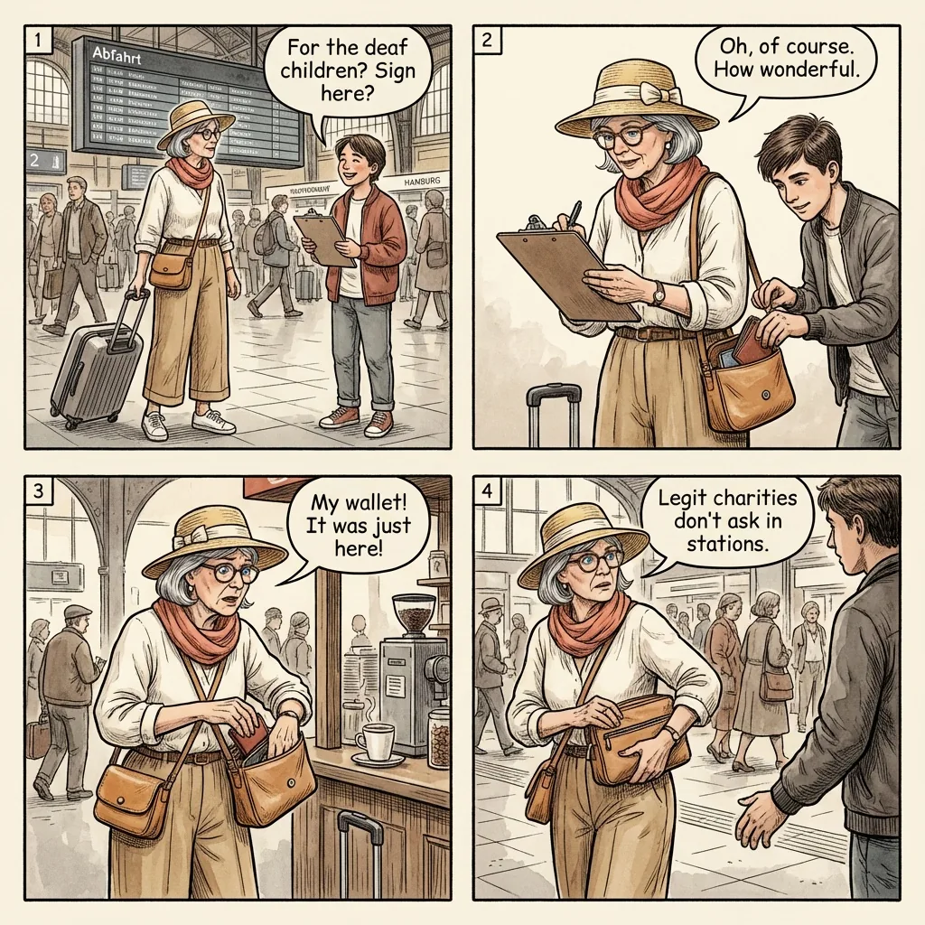 Hamburg Hauptbahnhof Pickpocket Team & Approach Scams — comic illustration
