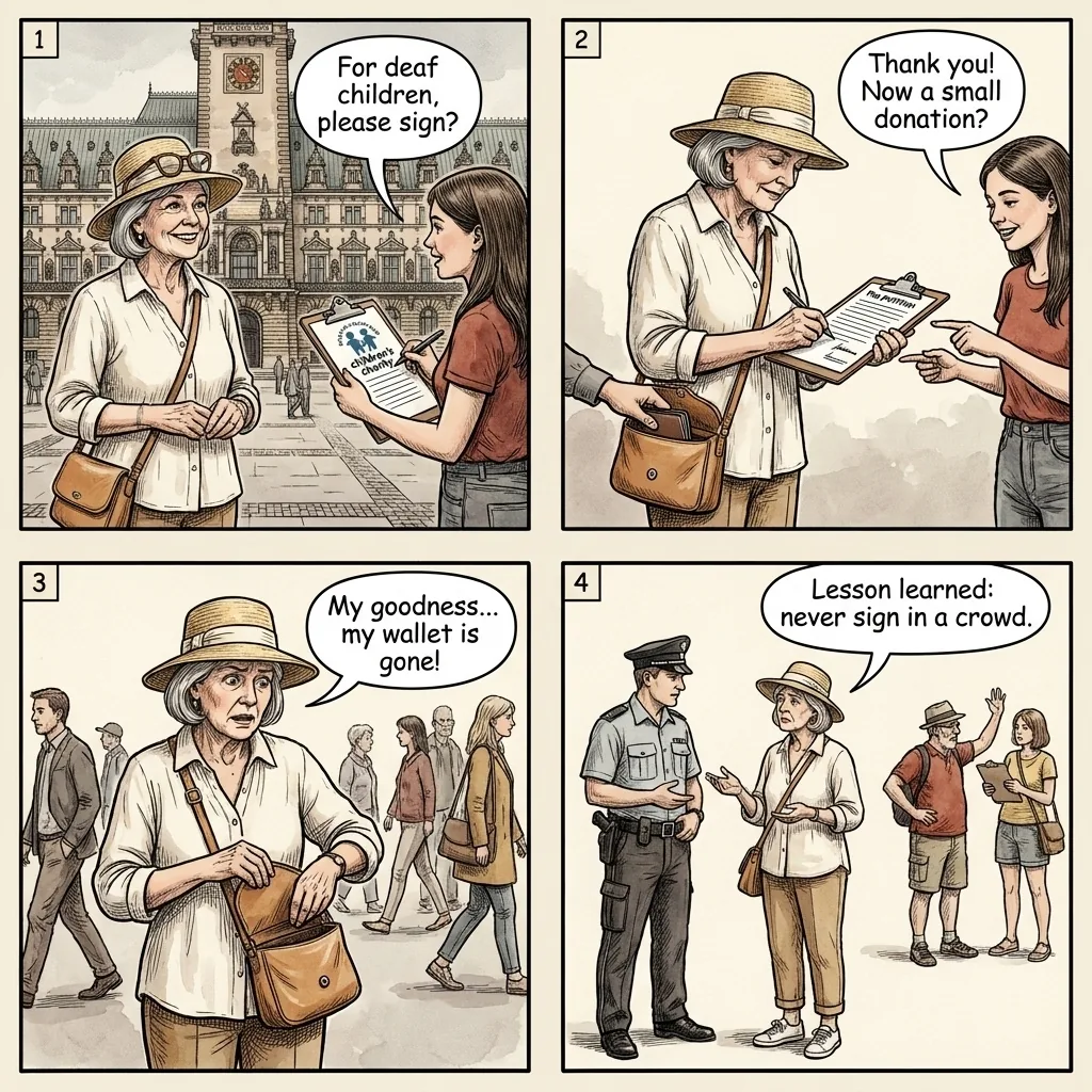 Hamburg Fake Charity Petition & Rathausmarkt Pickpocket — comic illustration