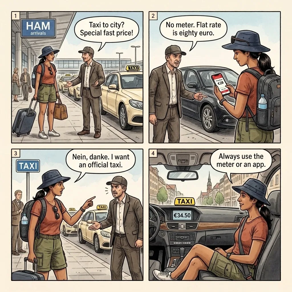 HAM Airport Taxi Overcharge & Night-Departure Transfer Scam — comic illustration