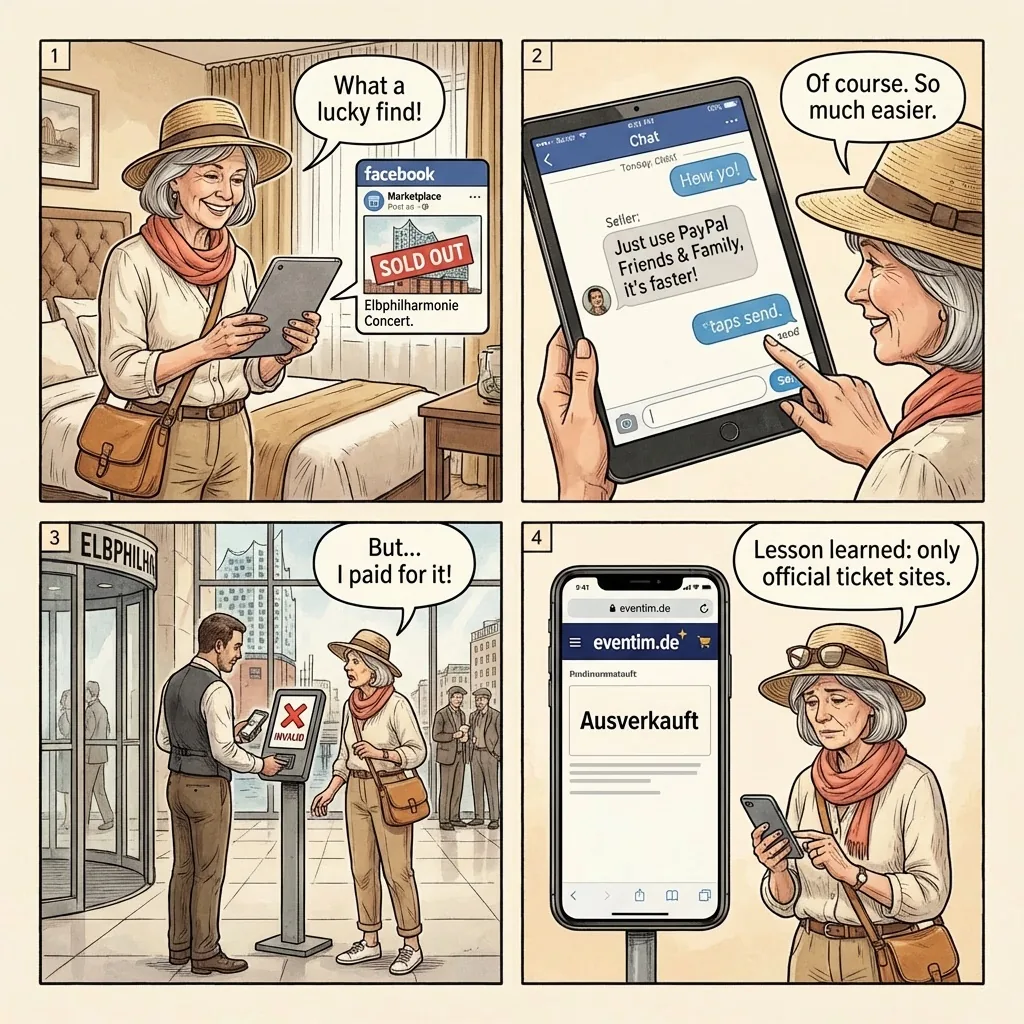 Hamburg Concert & Event Ticket Resale Fraud — comic illustration