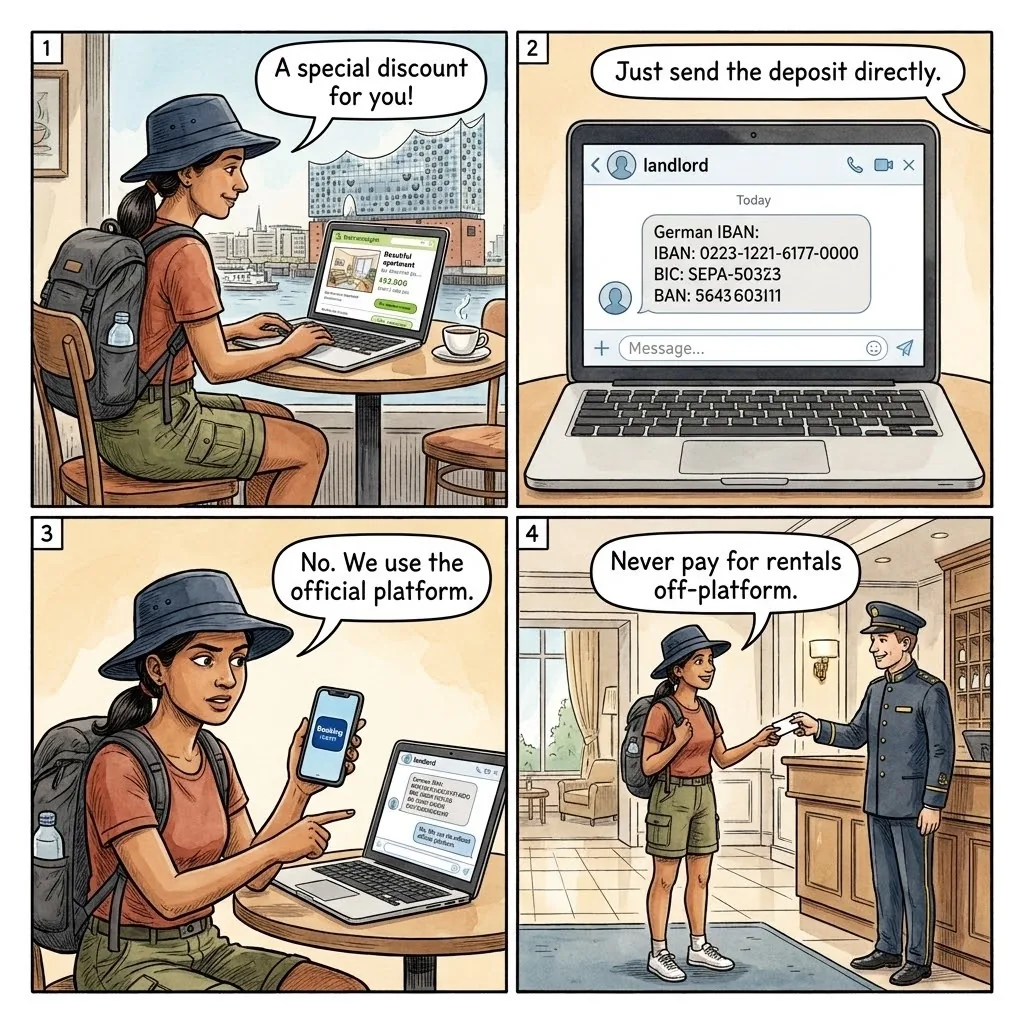 Hamburg STR & Apartment Rental Off-Platform Booking Fraud — comic illustration