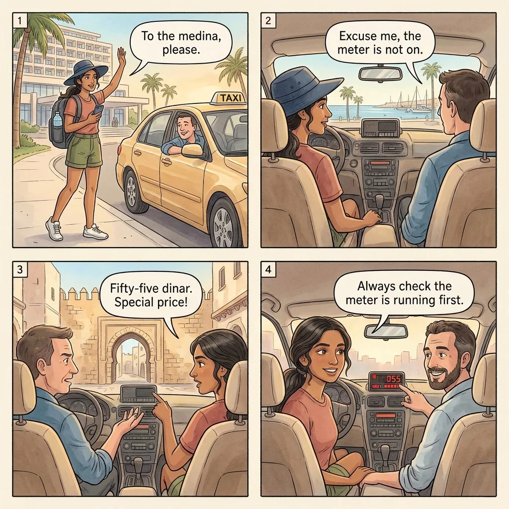 The Yasmine Hammamet Rigged Taxi Meter — comic illustration