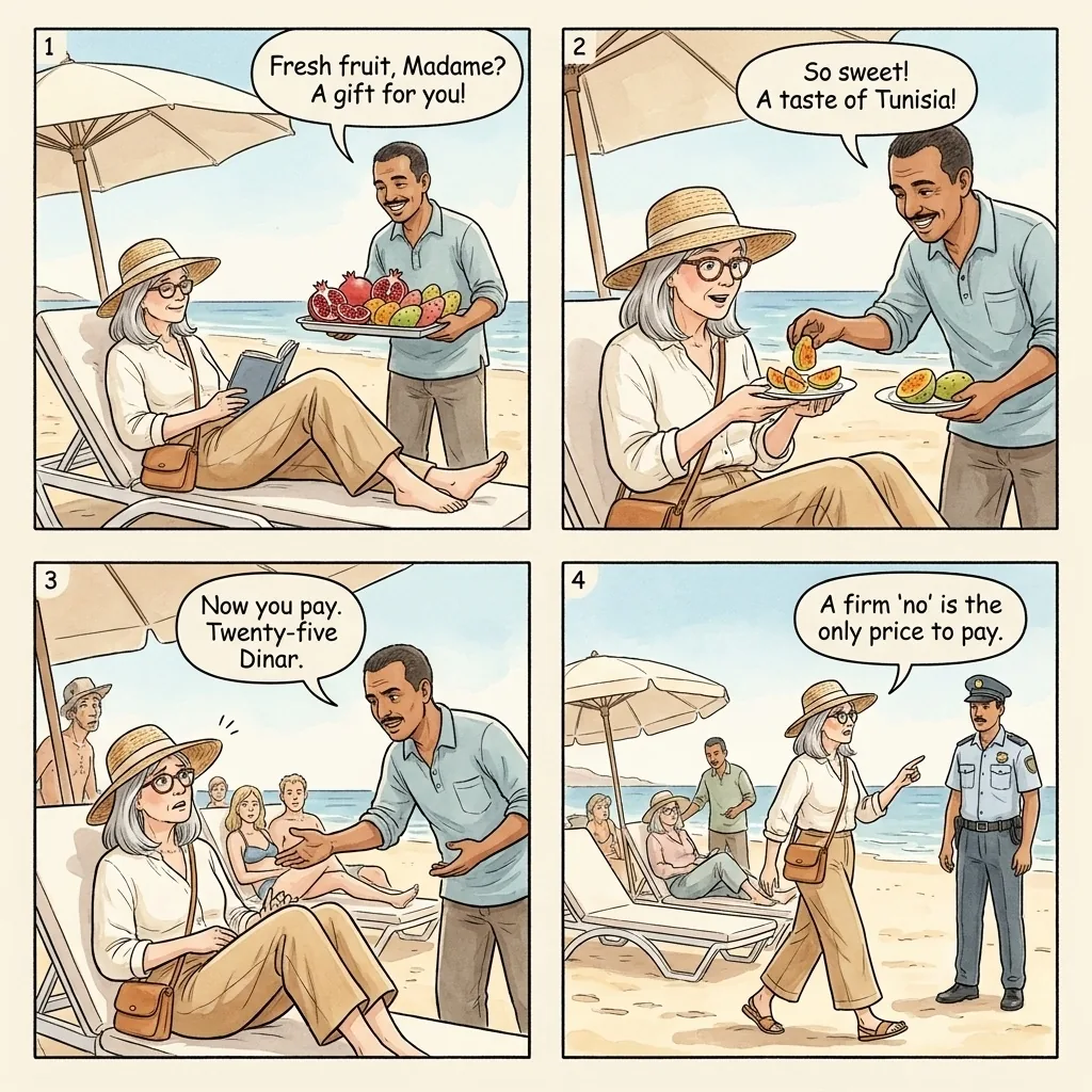 The Hammamet Beach Fruit-Seller Forced Sale — comic illustration