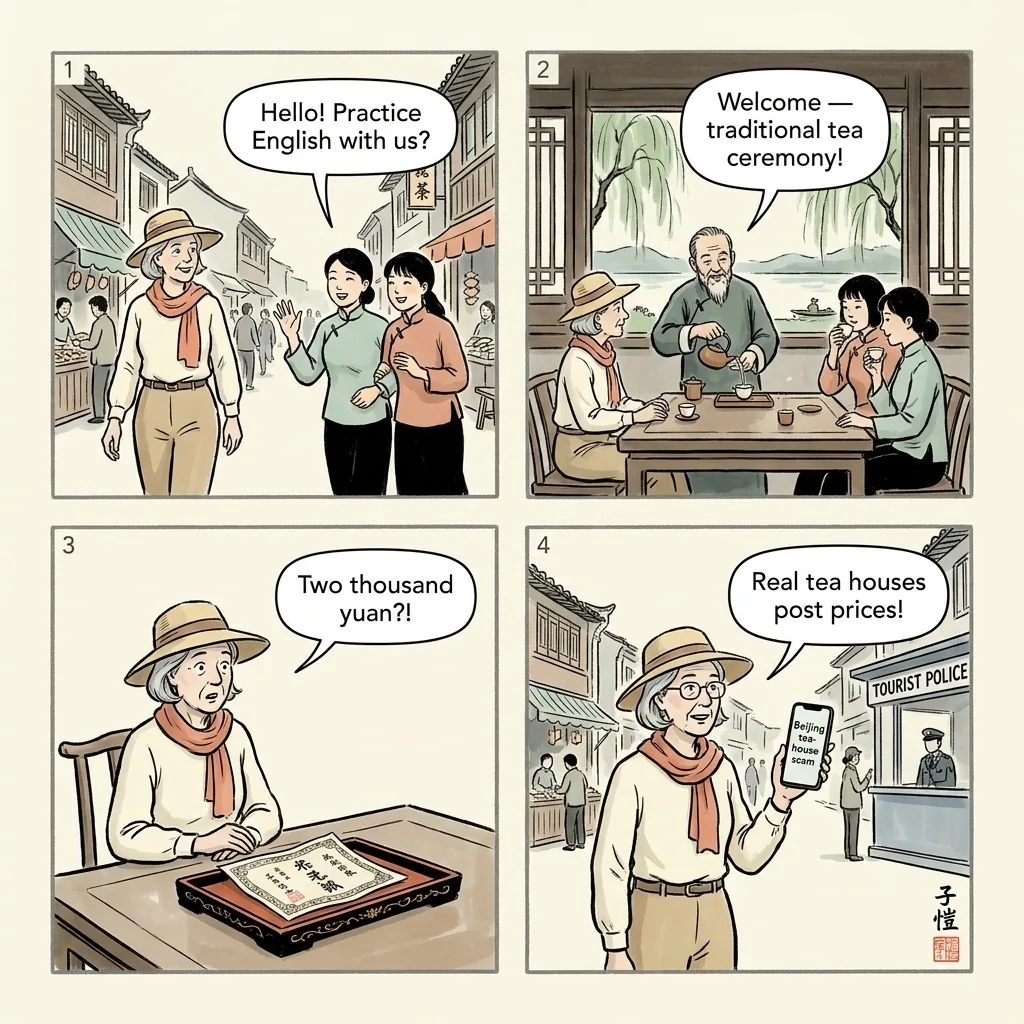 West Lake Tea Ceremony & Longjing Tea Plantation Scam — comic illustration
