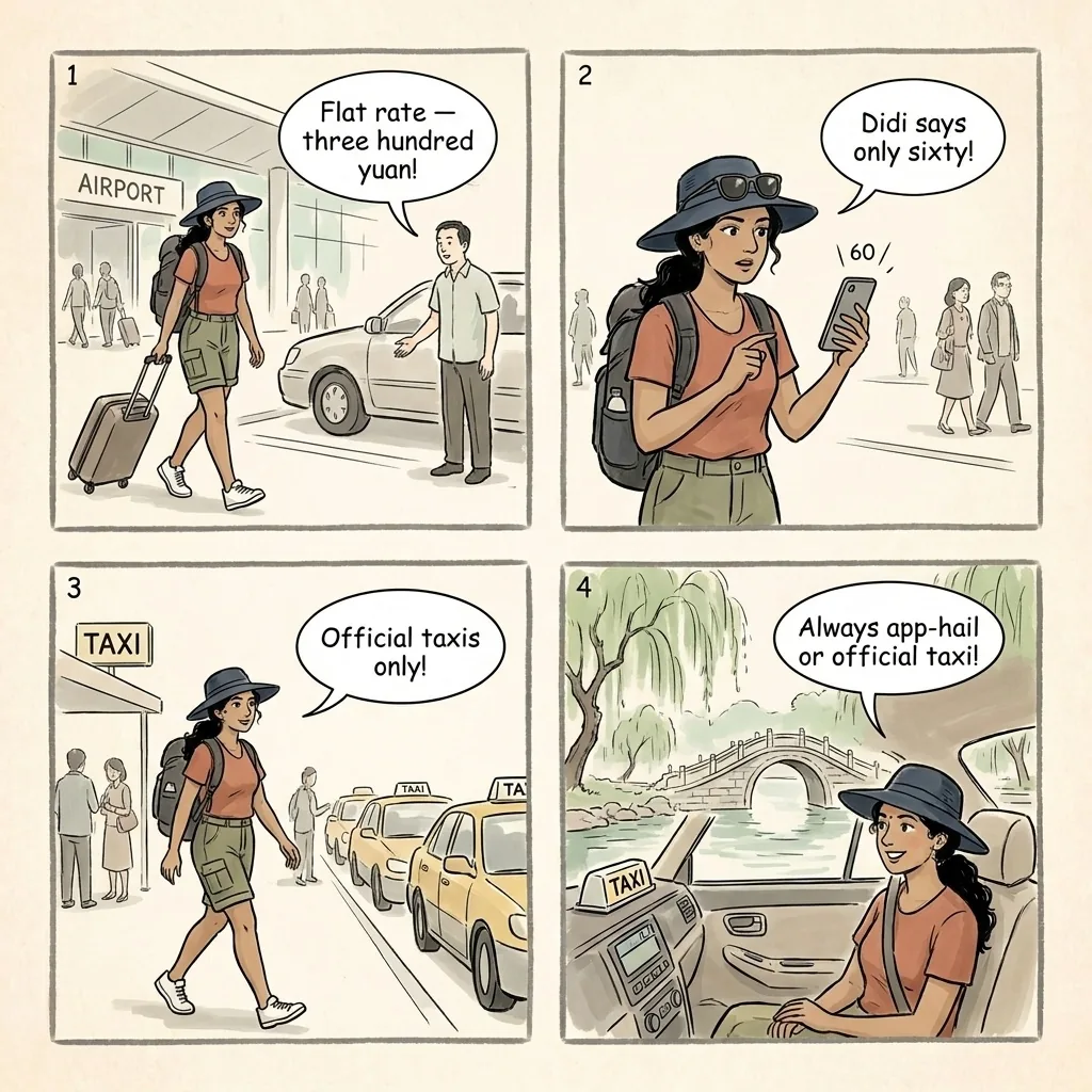 Hangzhou Airport & Train Station Taxi Overcharge — comic illustration