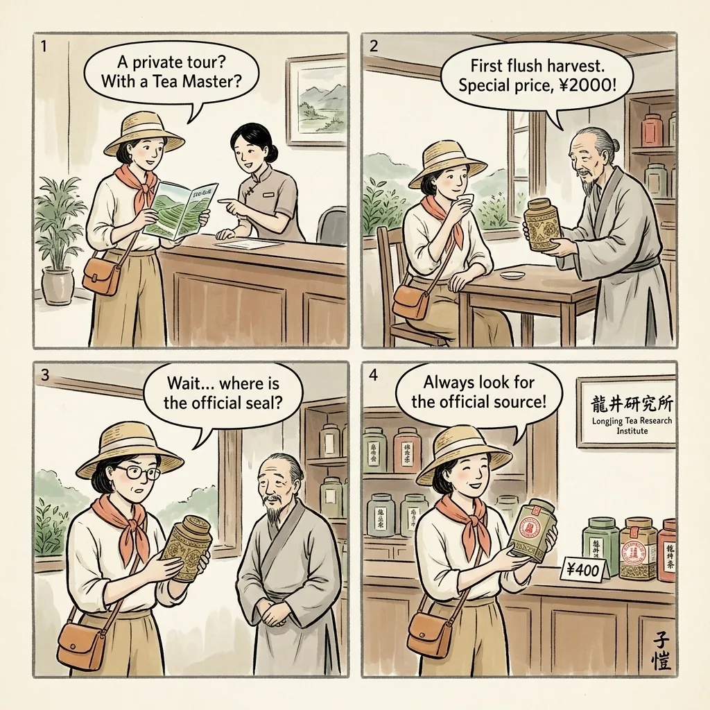 Dragon Well Village Shopping Tour & 'Master Harvest' Scams — comic illustration
