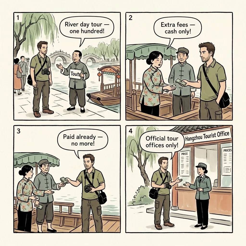 West Lake Boat 'Upgrade' & Photo-Trap Scams — comic illustration