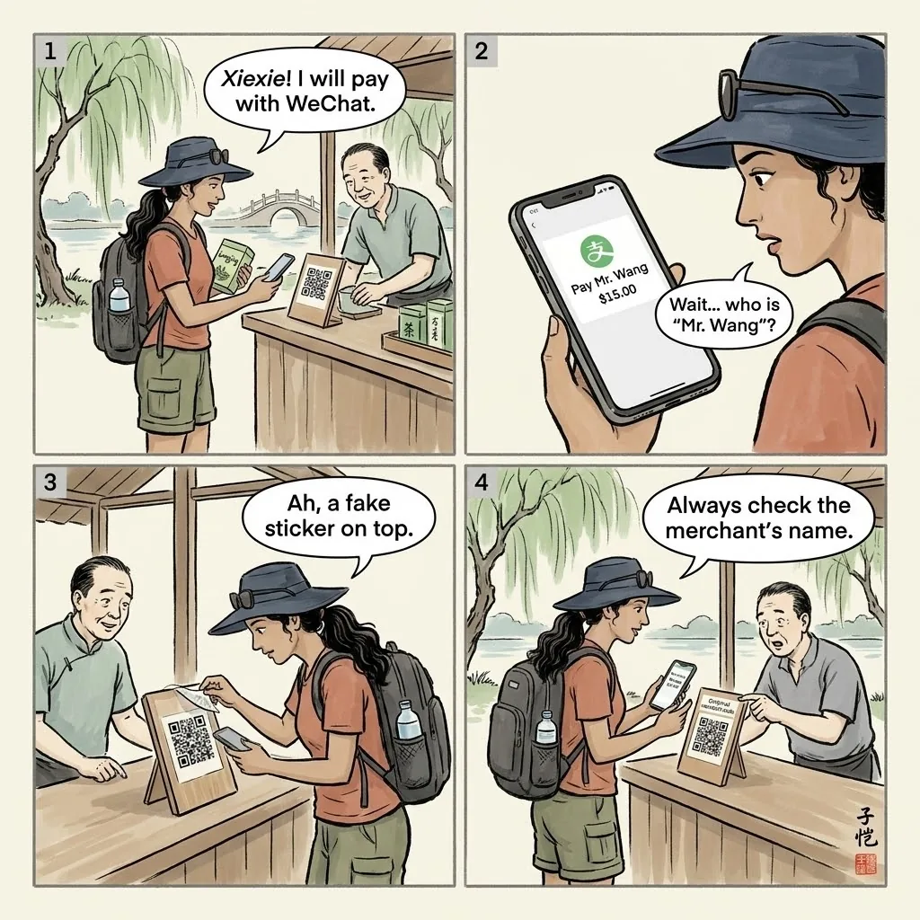 QR Code Payment Diversion & Fake WeChat Pay Scam — comic illustration