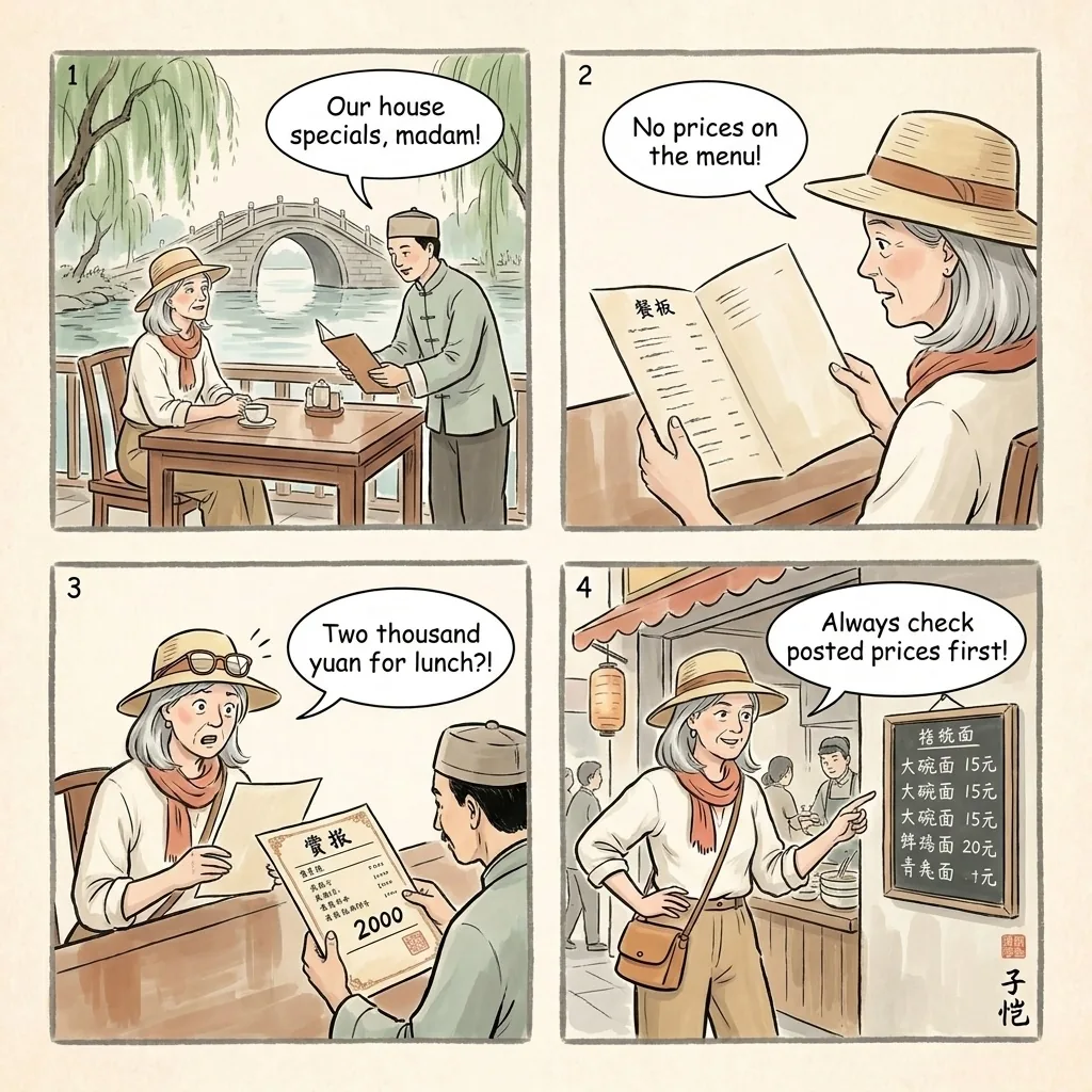 Hefang Street & Tourist Restaurant Overcharge — comic illustration
