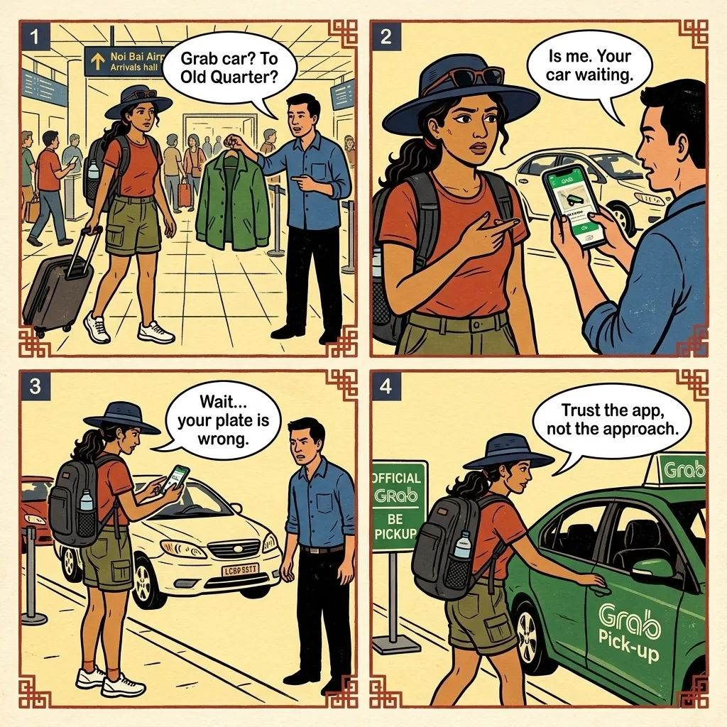 Hanoi Noi Bai Airport Fake-Grab Driver Scam — comic illustration