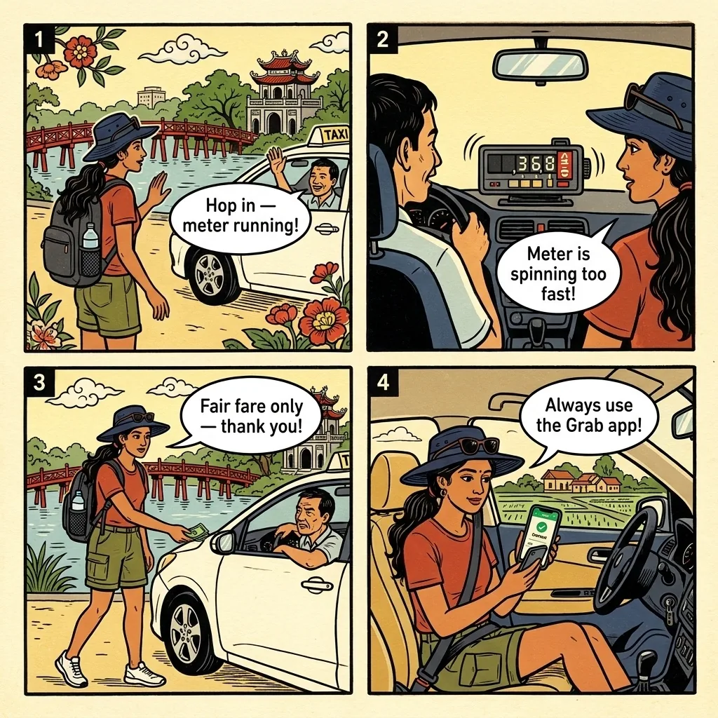 Hanoi Taxi Meter Tampering & Route Skimming — comic illustration